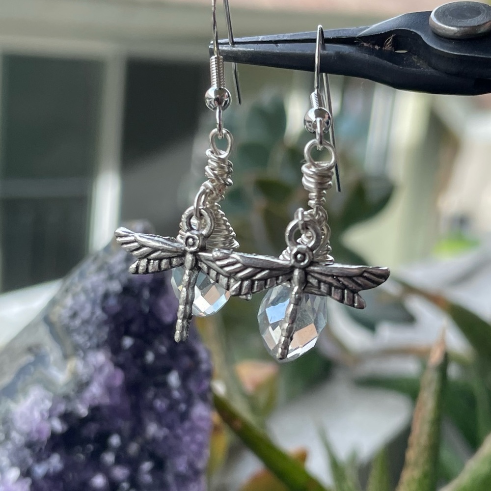 Handmade Silver Sparkling 
Crystal Dragonfly 
Earrings Boho Cottagecore - Picture 6 of 17